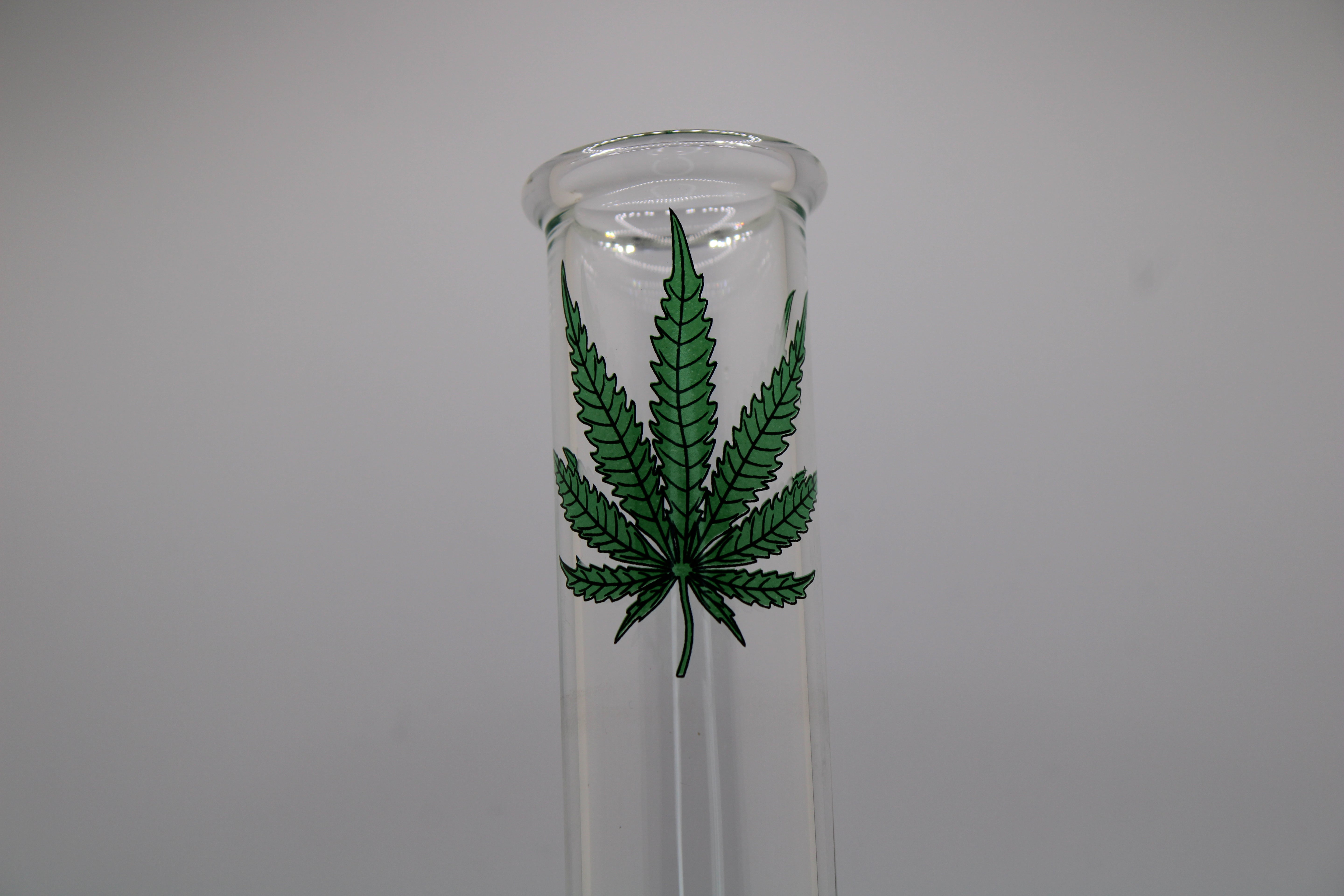 Close Up of the Decorative Marijuana Leaf on Large Bubble-style Glass Bong