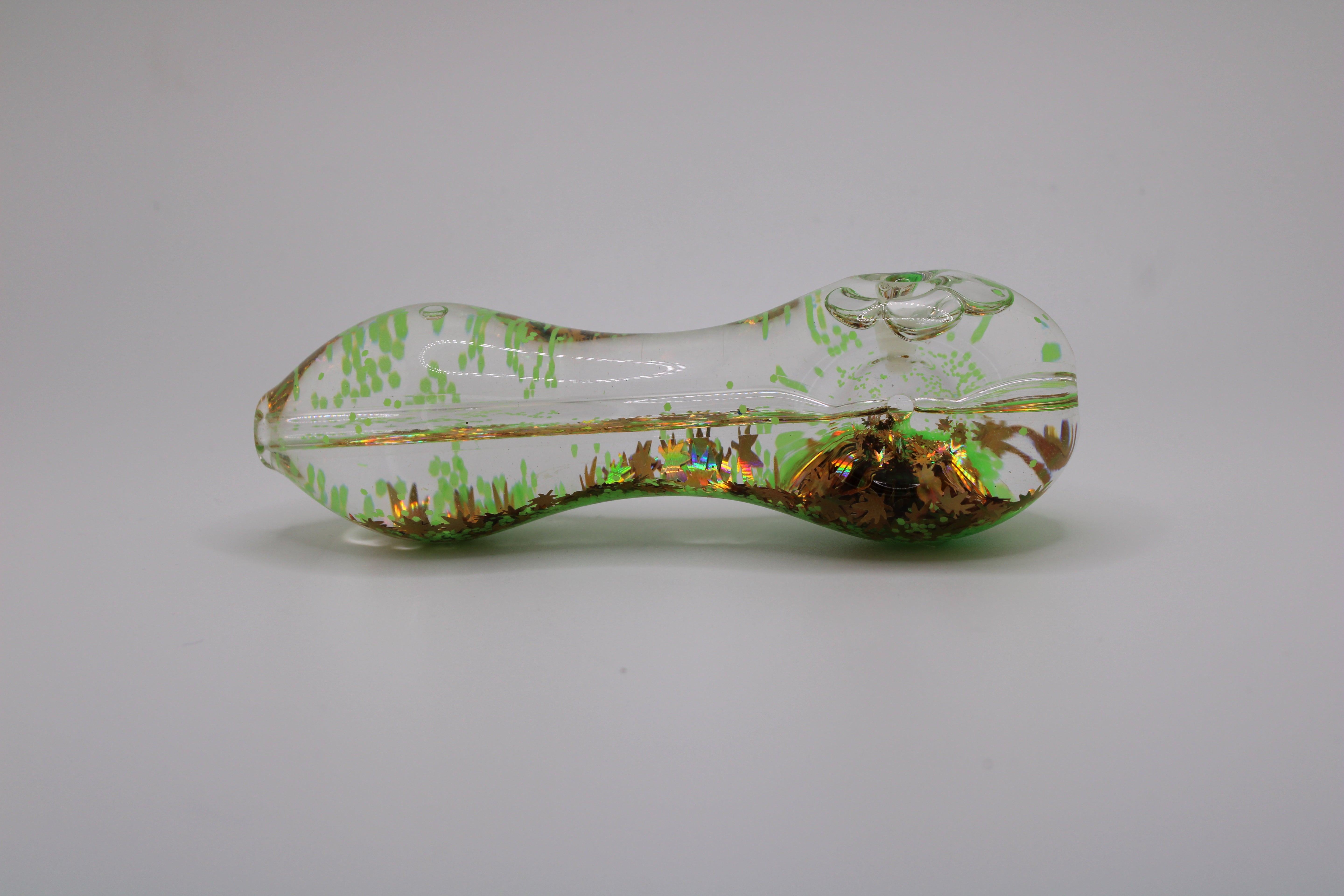 Sideview of Freezable Glow-in-the-Dark Glass Hand Pipe - Original Green
