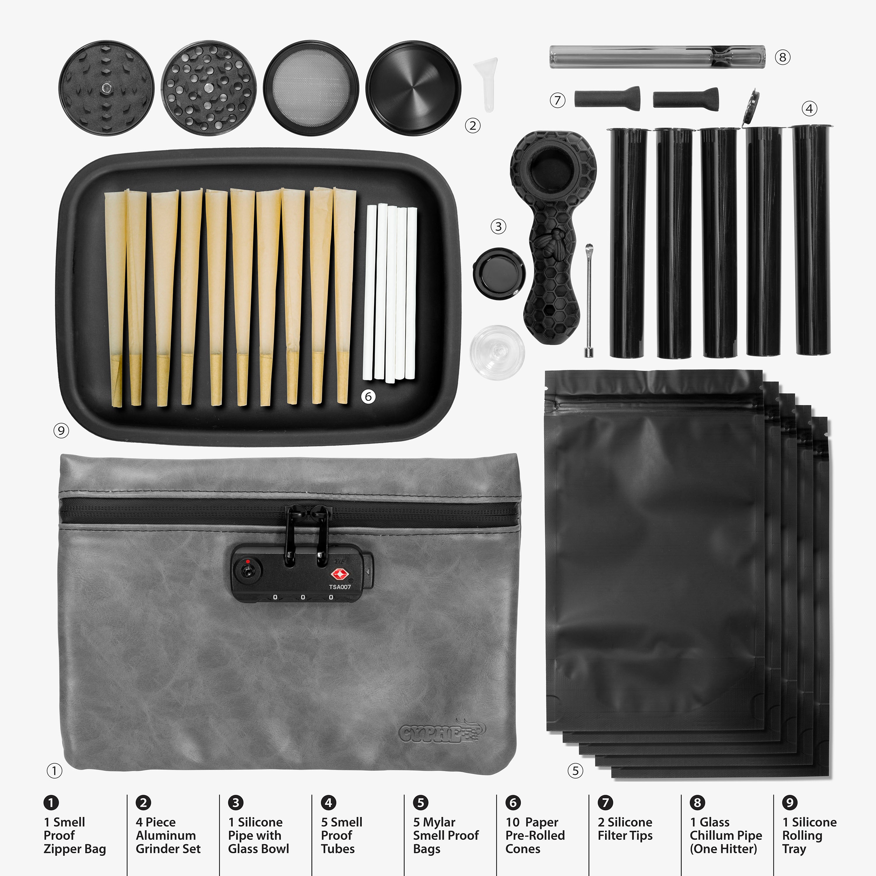 Cyphe - Smell Proof Bag (1), 4 piece Aluminum Grinder (1), Silicone Rolling Tray (1), Doob Tubes (5), Mylar Bags (5), Silicone Hand Pipe/Bowl (1), Glass Chillum (1), Silicone Filter Tips (2)