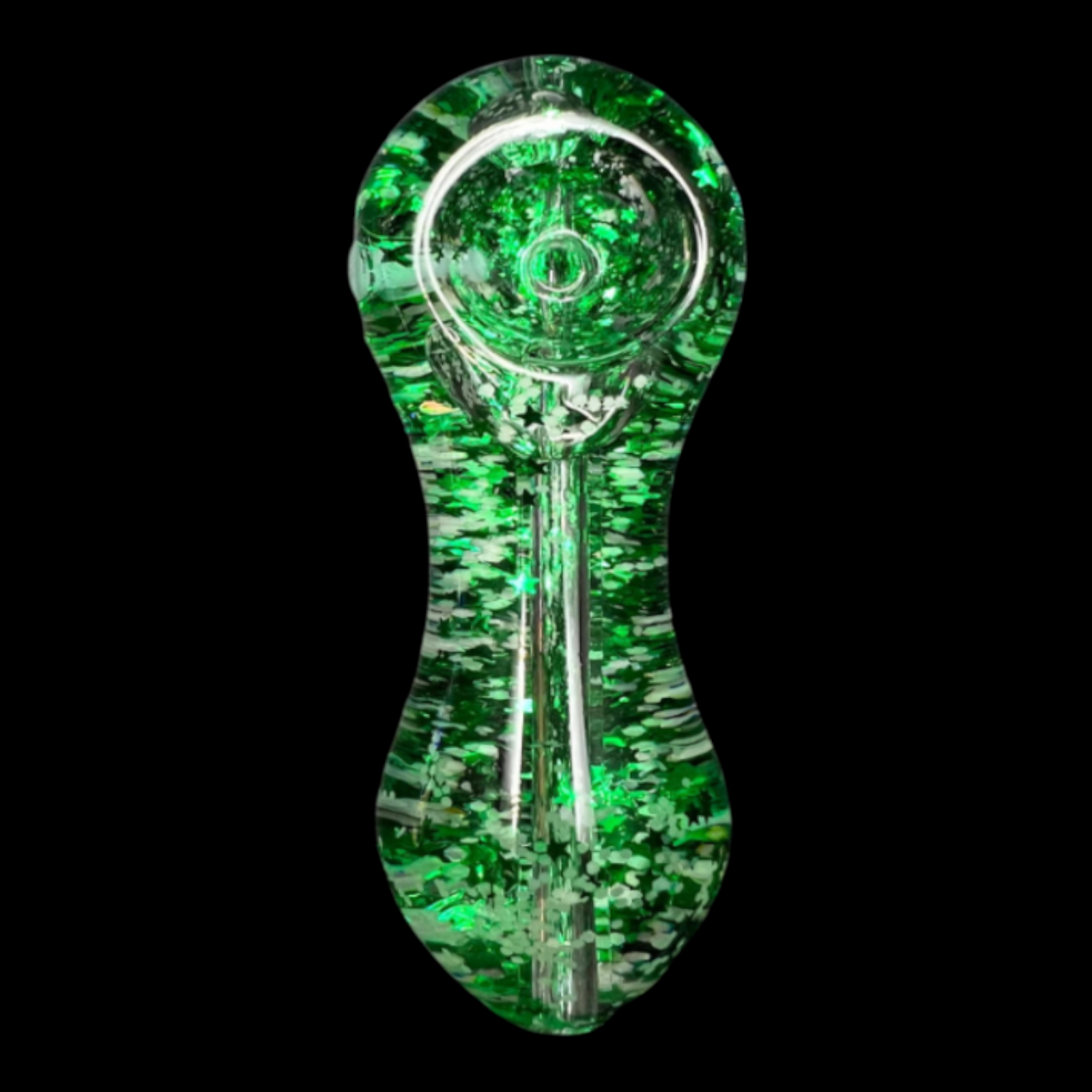 Glow in the dark view of Freezable Glow-in-the-Dark Glass Hand Pipe - Original Green
